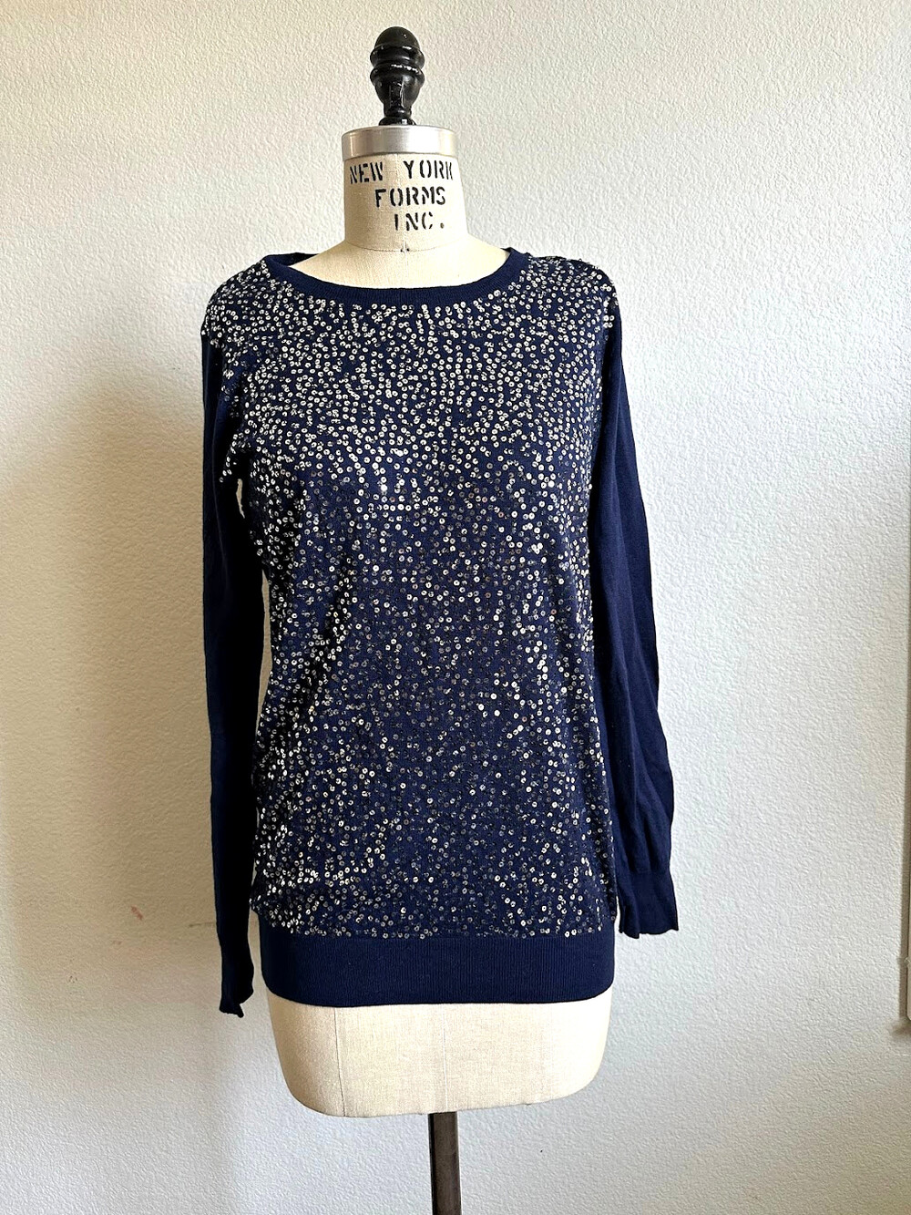 DKNY Sequin Front Sweater Navy Silk Cashmere Blend Size S